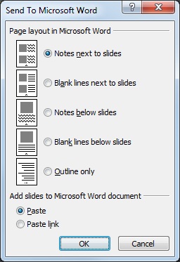 Caixa de diálogo Enviar para o Microsoft Word