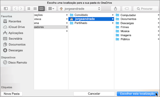 Captura de ecrã a mostrar a escolha de uma localização de pasta no assistente Bem-vindo ao OneDrive num Mac