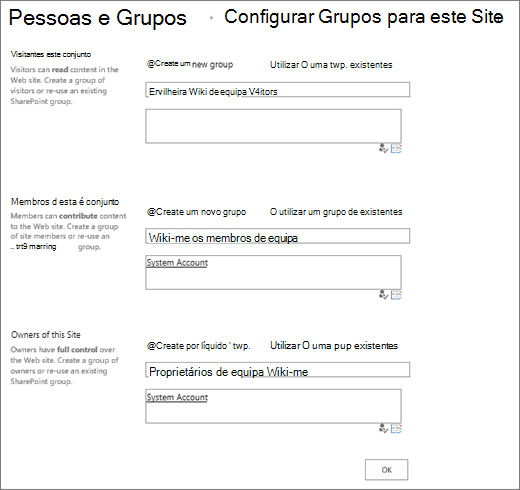 Caixa de diálogo Configurar grupos para o site