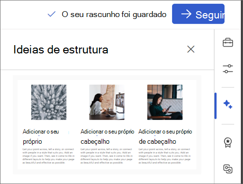 Captura de ecrã a mostrar o ícone Ideias de estrutura selecionado.