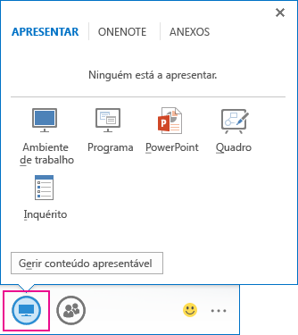 Captura de ecrã do separador Apresentar que mostra os modos de apresentação de Ambiente de Trabalho, Programa, PowerPoint, Quadro e Inquérito