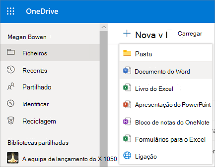 Menu Novo ficheiro ou pasta no OneDrive para Empresas