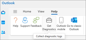 Captura de ecrã a mostrar Obter Diagnósticos no friso do Outlook