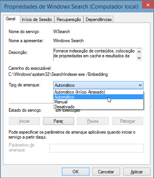 Captura de ecrã da caixa de diálogo Propriedades do Windows Search a mostrar a definição Automático selecionado para Tipo de arranque.
