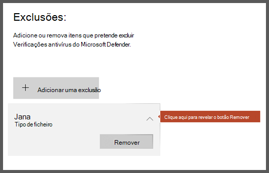 A página Exclusões da Segurança do Windows mostra uma exclusão selecionada, revelando o botão Remover.