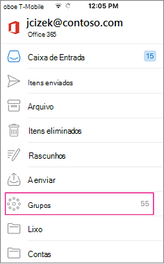 Grupos é um nó na lista de pastas no Outlook mobile