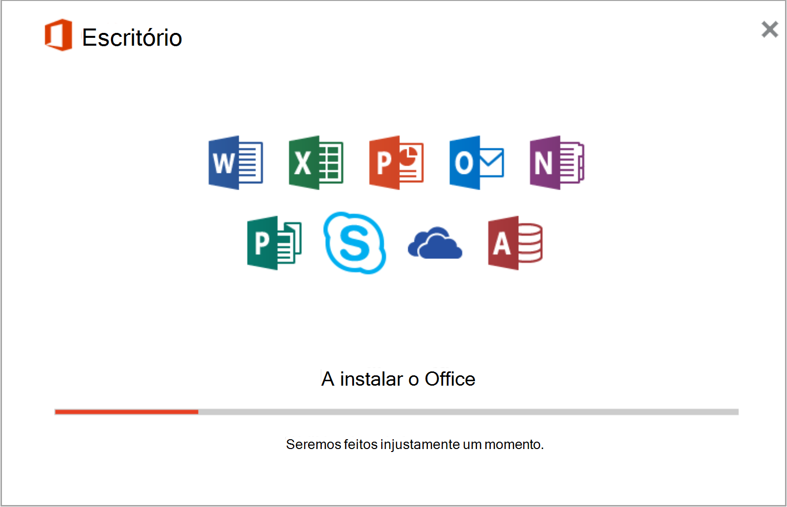 Captura de ecrã a mostrar a instalação da aplicação do Office