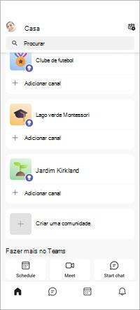 Ecrã móvel das comunidades gratuitas do Teams