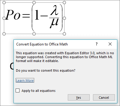 A oferta de conversor de Matemática do Office para converter uma equação selecionada para o novo formato.