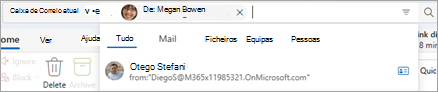 Introduza texto na barra de pesquisa para revelar sugestões de âmbito de pesquisa, como Todos, Correio, Ficheiros, Teams e Pessoas.