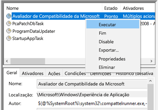 Executar o Avaliador de Compatibilidade Microsoft no Programador de Tarefas.