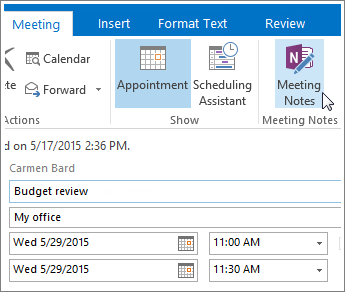 Captura de ecrã do botão Notas de Reunião do OneNote no Outlook.