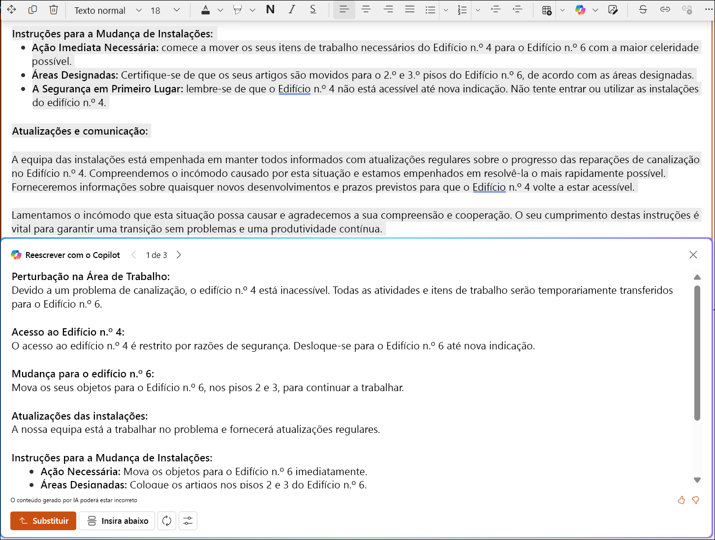 captura de ecrã de uma sugestão de edição do sharepoint para um texto extenso.