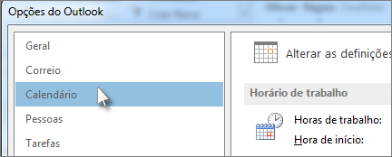 Em Opções do Outlook, clique em Calendário.