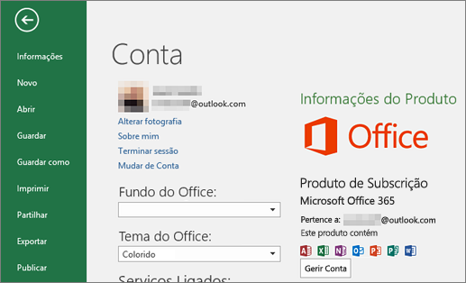 A conta Microsoft associada ao Office apresentada na janela Conta de uma aplicação do Office