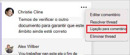 Menu Comentar mais opções com a opção "Ligar ao comentário" selecionada.