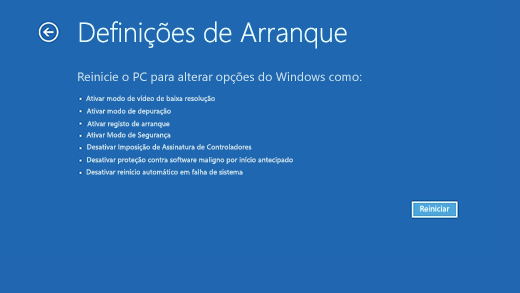 Ecrã Definições de Arranque no Ambiente de Recuperação do Windows.