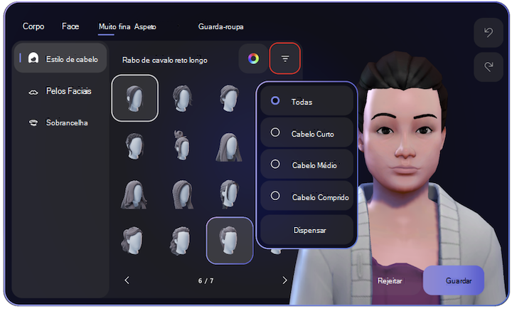 Opções de menu para alterar o cabelo na aplicação Avatar