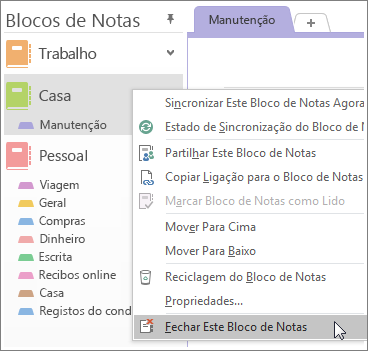 Captura de ecrã de como fechar um bloco de notas no OneNote 2016.