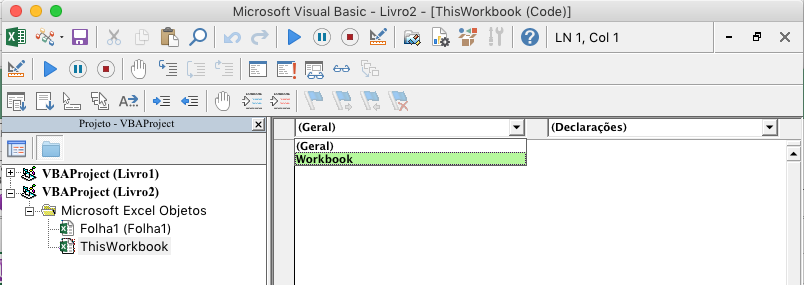O Visual Basic Editor a mostrar a lista pendente da seleção de objetos