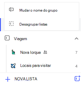 Screenshot do grupo de lista de viagens e menu de edição aberto com opção para rebatizar grupo e listas ungroup