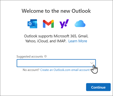 Captura de ecrã do novo ecrã de boas-vindas do Outlook