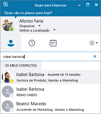 Captura de ecrã da janela Skype para Empresas ao procurar um contacto a adicionar.