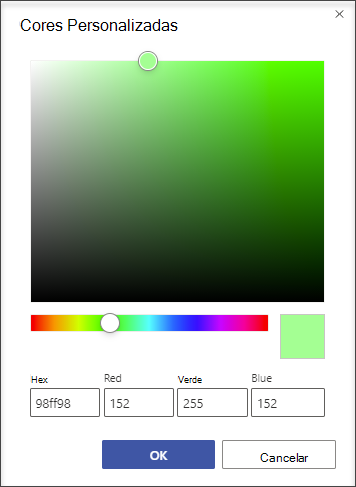 Na caixa de diálogo Cores Personalizadas, pode especificar qualquer cor utilizando um valor hexadecimal ou um valor vermelho-verde-azul.