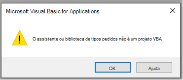 Captura de ecrã do erro na janela do Microsoft Visual Basic for Applications