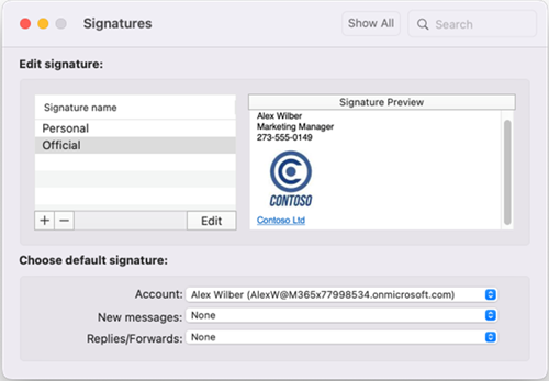 Janela Assinaturas Predefinidas do Outlook para Mac