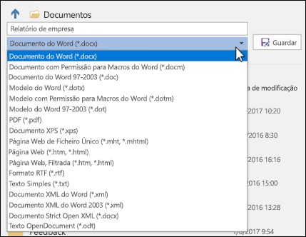 Clique no menu pendente do tipo de ficheiro para selecionar um formato de ficheiro diferente para o seu documento