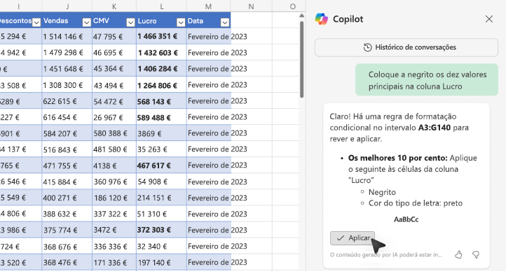 Captura de ecrã a mostrar como colocar os valores a negrito com o Copilot no Excel.