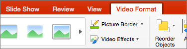 Apresenta o separador Formato de Vídeo no PowerPoint 2016 para Mac