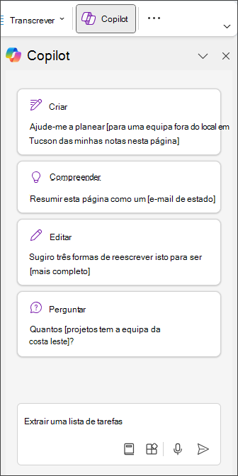 Escreva Extrair Lista de Tarefas no painel Copilot no OneNote