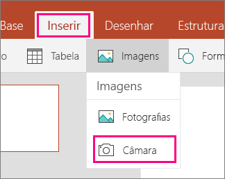 Mostra a imagem de inserção da opção da câmara no Office Mobile para windows 10