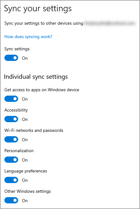 Definições de sincronização nas Definições de Windows 10.