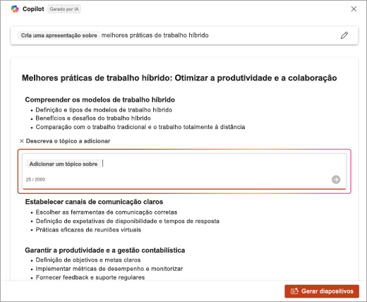 Captura de ecrã da localização para introduzir a descrição do tópico que foi adicionado através do Copilot do PowerPoint.