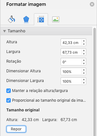 Captura de ecrã a mostrar o painel Formatar Imagem do Excel com o botão Repor realçado.