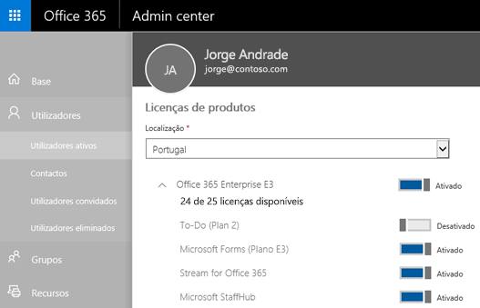 Uma captura de ecrã a mostrar a página de licenças de Produtos do Centro de Administração do Office 365 com o controlo de alternar desativado para o Microsoft To-Do (Plano 2).