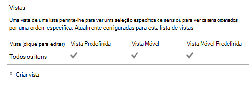 Secção Vista de lista nas Definições da lista