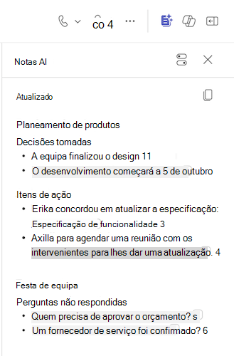 As notas de IA são preenchidas num chat do Teams