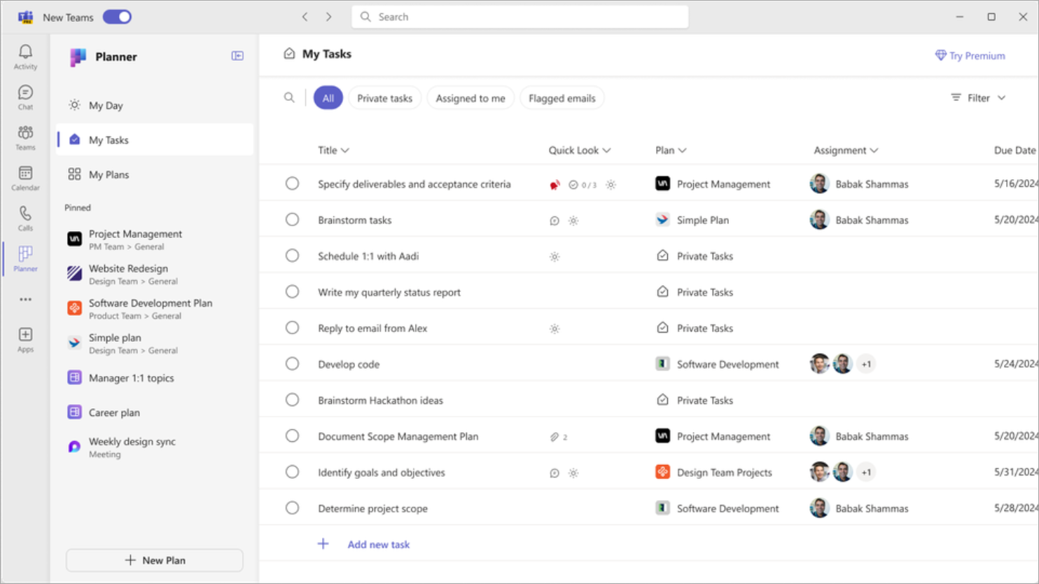 Captura de ecrã da interface de Microsoft Planner na pré-visualização pública do Teams