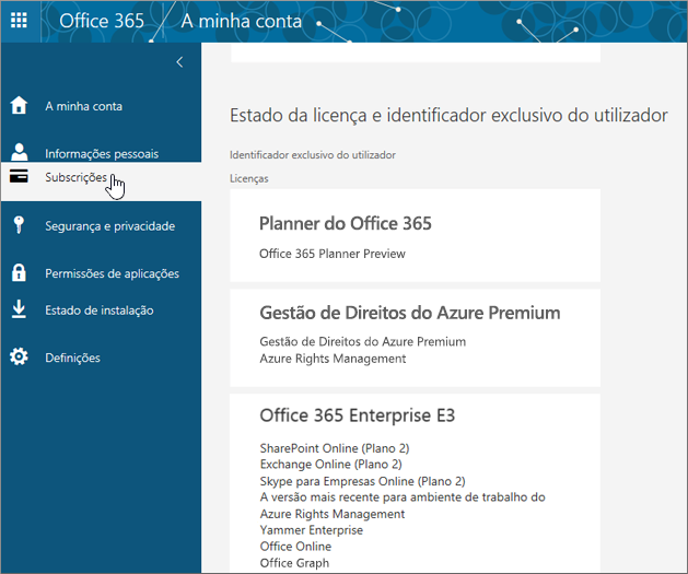 Página Subscrições do Office 365