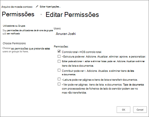 Alterar os níveis de permisison na caixa de diálogo de permissões