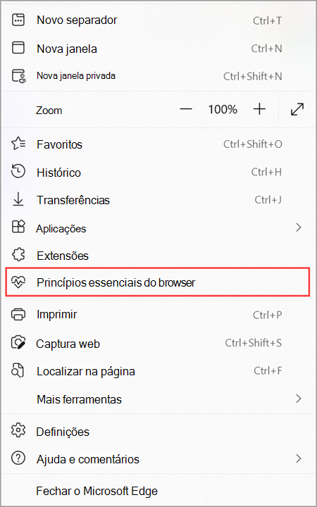 Abra o Browser essentials nas Definições do Microsoft Edge.
