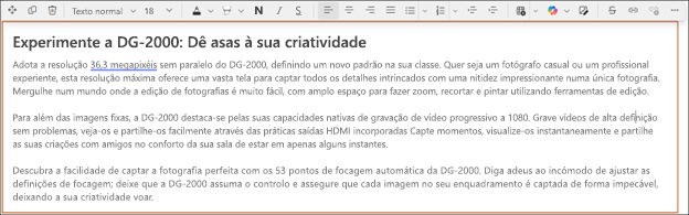 Depois - exemplo de utilização do ajuste de tom através do Copilot no editor de texto formatado do SharePoint