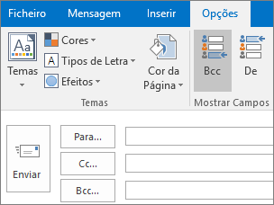 Para ativar a caixa Bcc, abra uma nova mensagem, selecione o separador Opções e, no grupo Mostrar Campos, selecione Bcc.