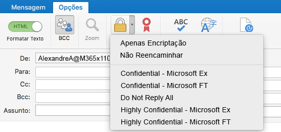 Nova opção Encriptar com suporte da Encriptação de Mensagens do Office 365, Não Reencaminhar e modelos IRM
