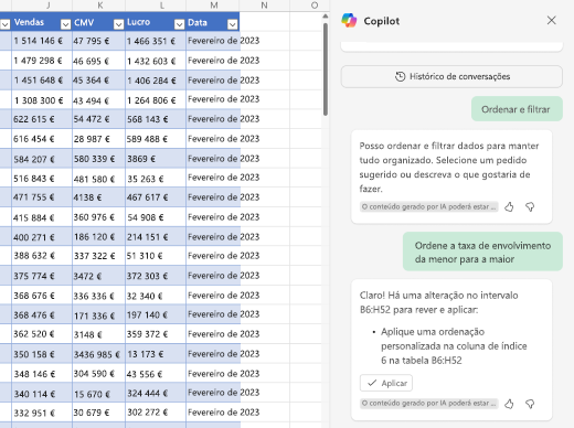 Captura de ecrã a mostrar como ordenar dados com o Copilot no Excel.