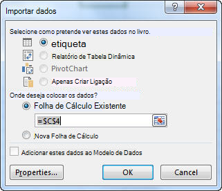 Caixa de diálogo Importar Dados no Excel
